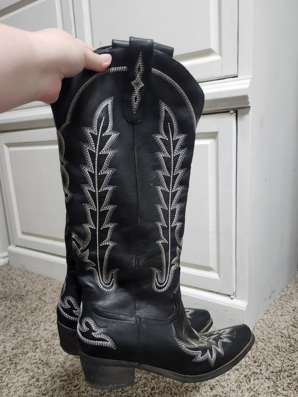 Black Embroidered Western Cowgirl Boots 8.5 Knee High Faux Leather